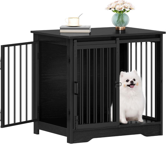 27.2" Dog Crate Furniture with Barn Door, Heavy Duty Dog Kennel Indoor with 2 Doors, Wooden Pet Cage End Table for Small Medium Dogs up to 22 lb, Anti-Chew Anti-Escape, Black DFC84304B