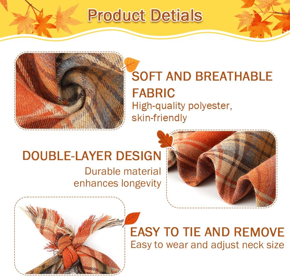 Vivifying Halloween Dog Bandana, 2 Pack Classic Plaid Fall Dog Scarf with Tassels Edges, Funny Pet Apparel & Accessories Costume for Thanksgiving Photo Prop, and Party Decor (Small, Yellow&Orange)