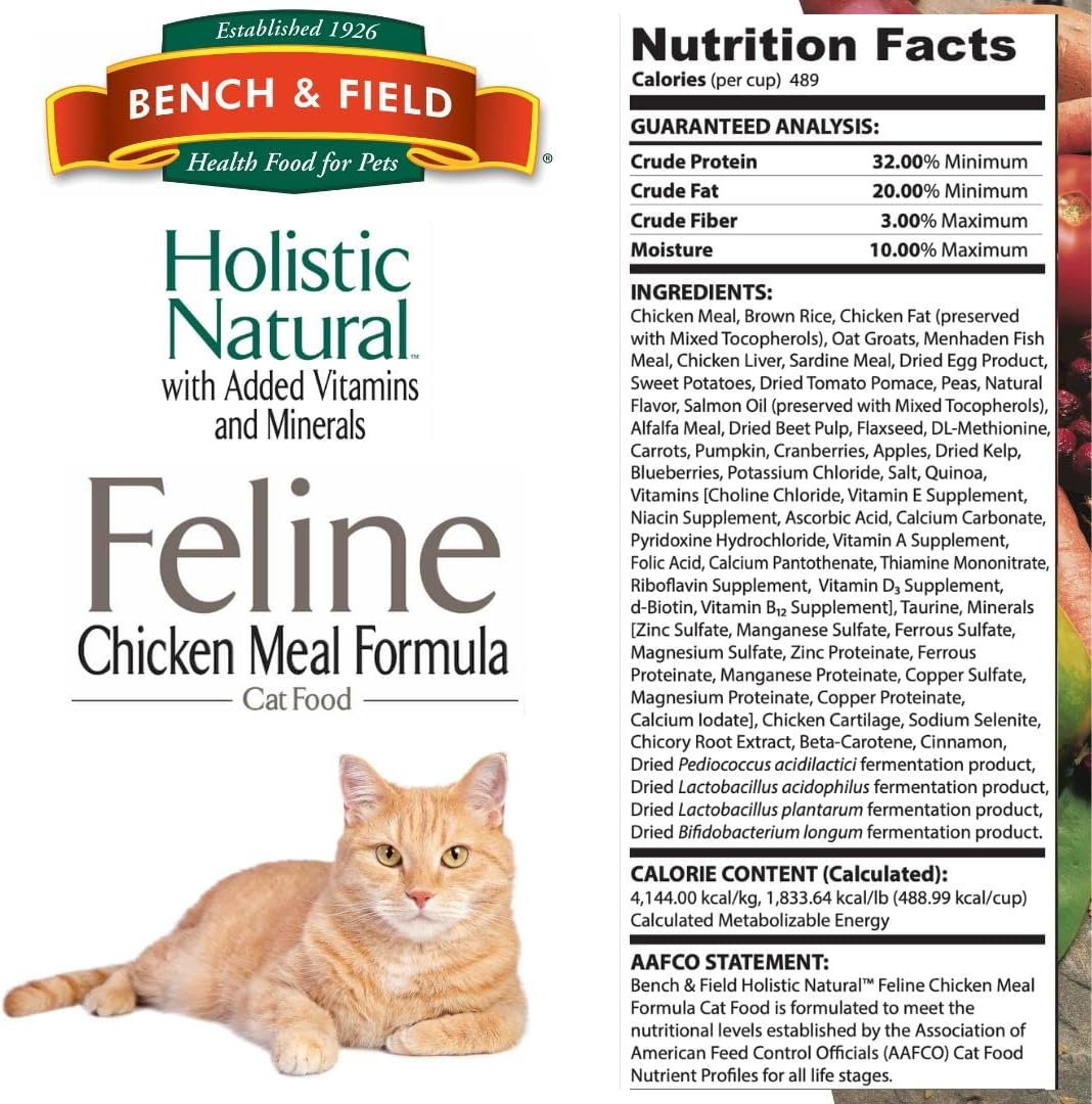 Bench & Field Holistic Natural Premium Adult Dry Cat Food, Chicken Meal and Brown Rice Recipe 25 lb Bag (Pack of 1)