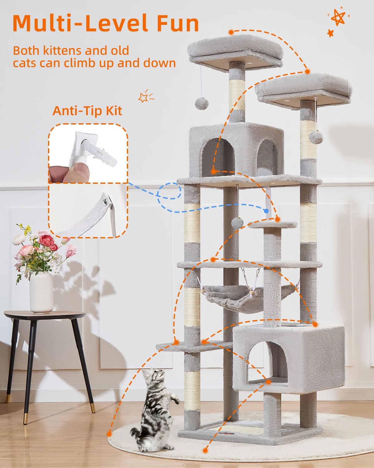 Taoqimiao Cat Tree, 68-Inch Cat Tree Cat Tower for Indoor Cats, Plush Multi-Level Cat Condo with 6 Scratching Posts, 2 Perches, 2 Caves,Hammock, 3 Pompoms,MS020SW Light Gray
