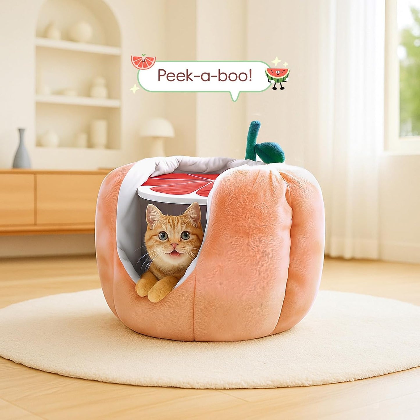 Cat Houses for Indoor Cats, Small Cat Tree with Sisal Ropes and Plush Perch, Cute Cat Bed Cave with Soft Pillow, Grapefruit Design
