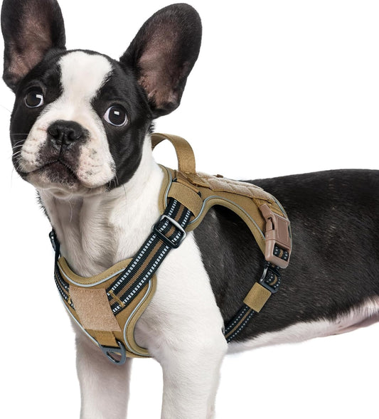 rabbitgoo Dog Harness Small Sized No Pull, Tactical Service Pet Vest with Molle and Control Handle, Adjustable and Reflective Military Harness for Easy Walking and Training, Brown, S