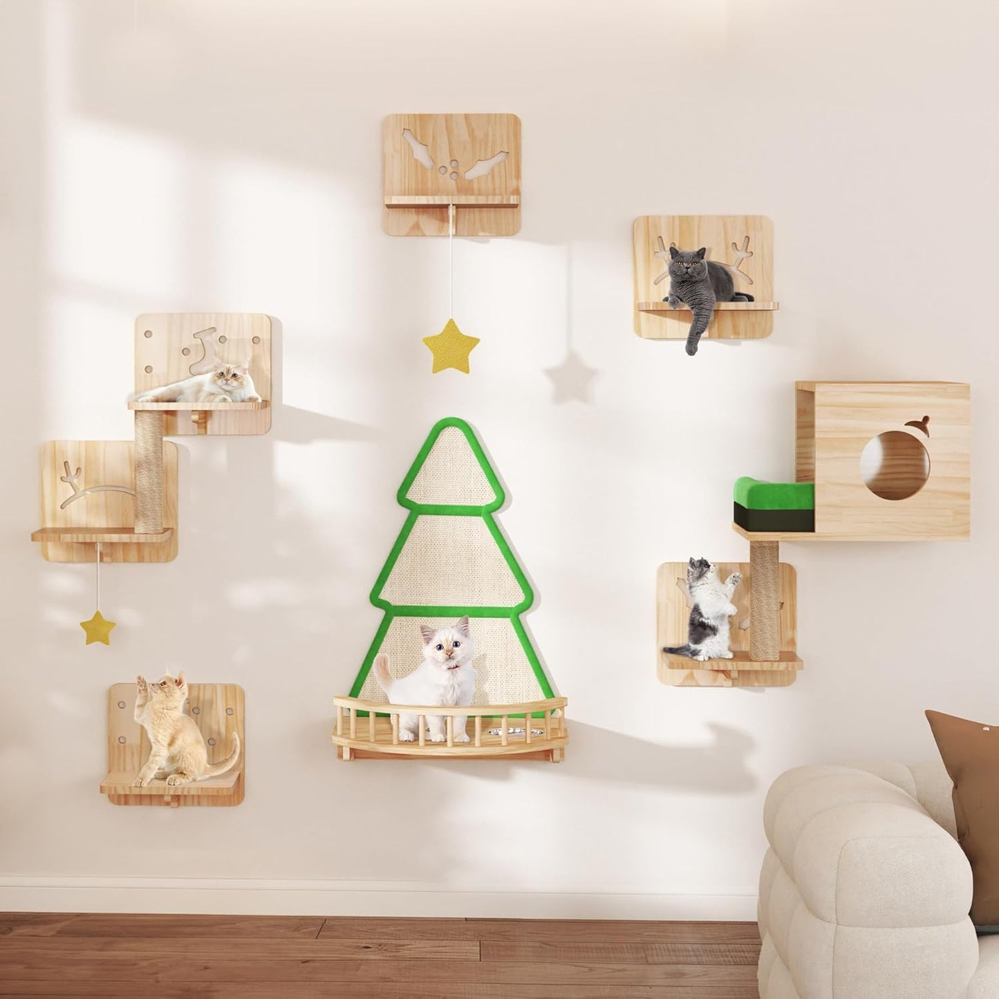 Cat Wall Shelves, Cat Wall Furniture Pine Wooden Feline Shelf, 13 Piece Shelves and Perches with Bowl, Warmer Mat, Condo, House, Steps and Cat Scratcher