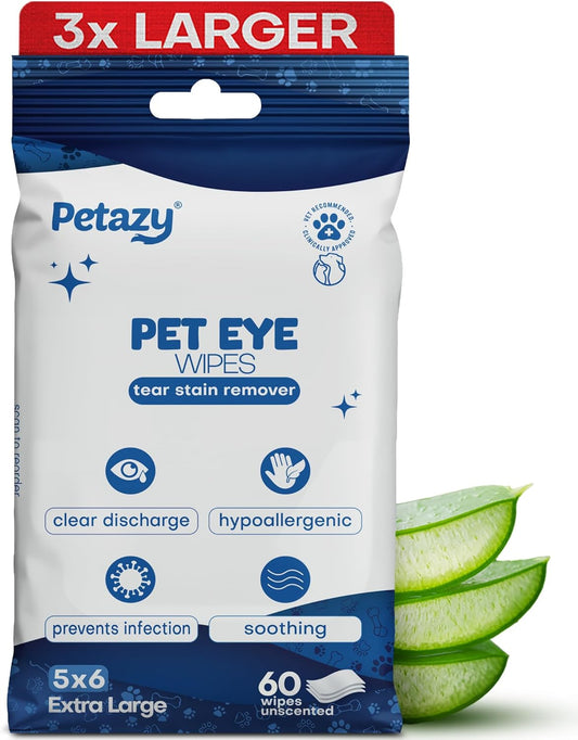 Pet Eye Wipes for Dogs | 3X Larger Unscented Hypoallergenic Gentle Eye Cleaner Wipes for Dogs & Cats | Pet Tear Stain Remover Wipes | 60 Count