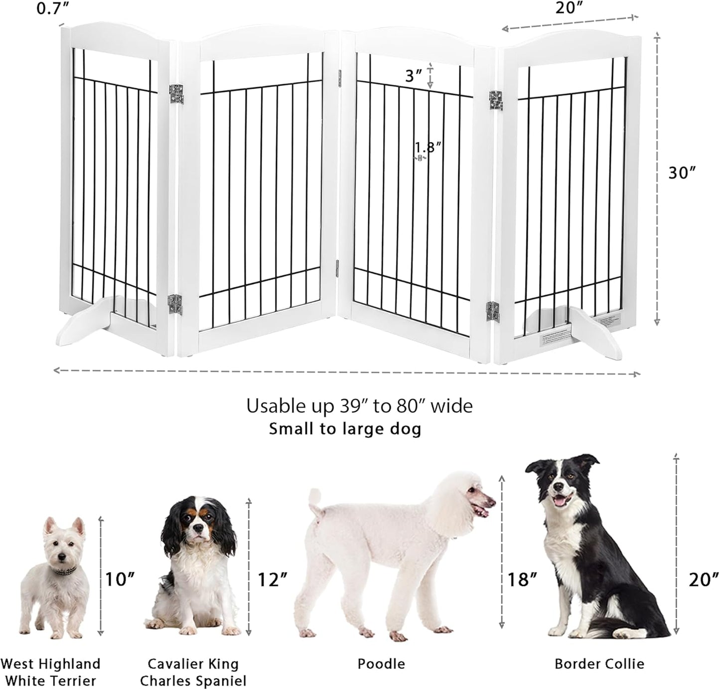 Spirich Free Standing Foldable Wire Pet Gate for Dogs, 80 inches Extra Wide, 30 inches Tall 4 Panels Dog Gate for the House, Doorway, Stairs, Pet Puppy Safety Fence,Set of Support Feet Included, White