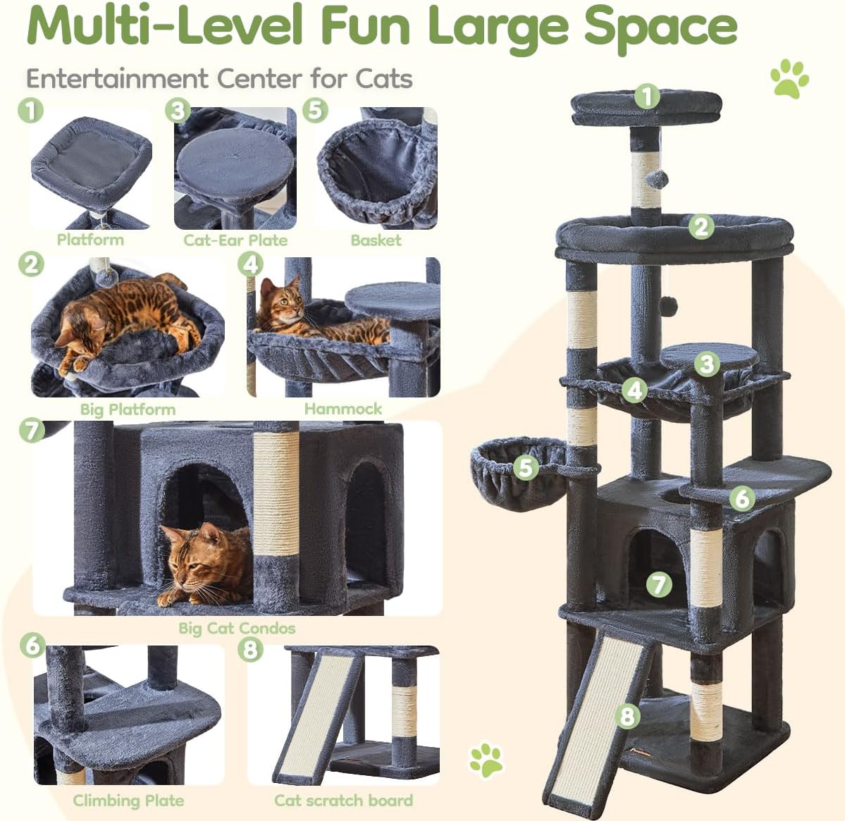 Taoqimiao 72 Inches Cat Tree for Large Cats, Multi-Level Tall Cat Tower, Widened Cat Condo with Large Scratch Board, 5 Scratching Posts, Metal Hammcock, Cozy Basket, Smoky Gray, MS045G