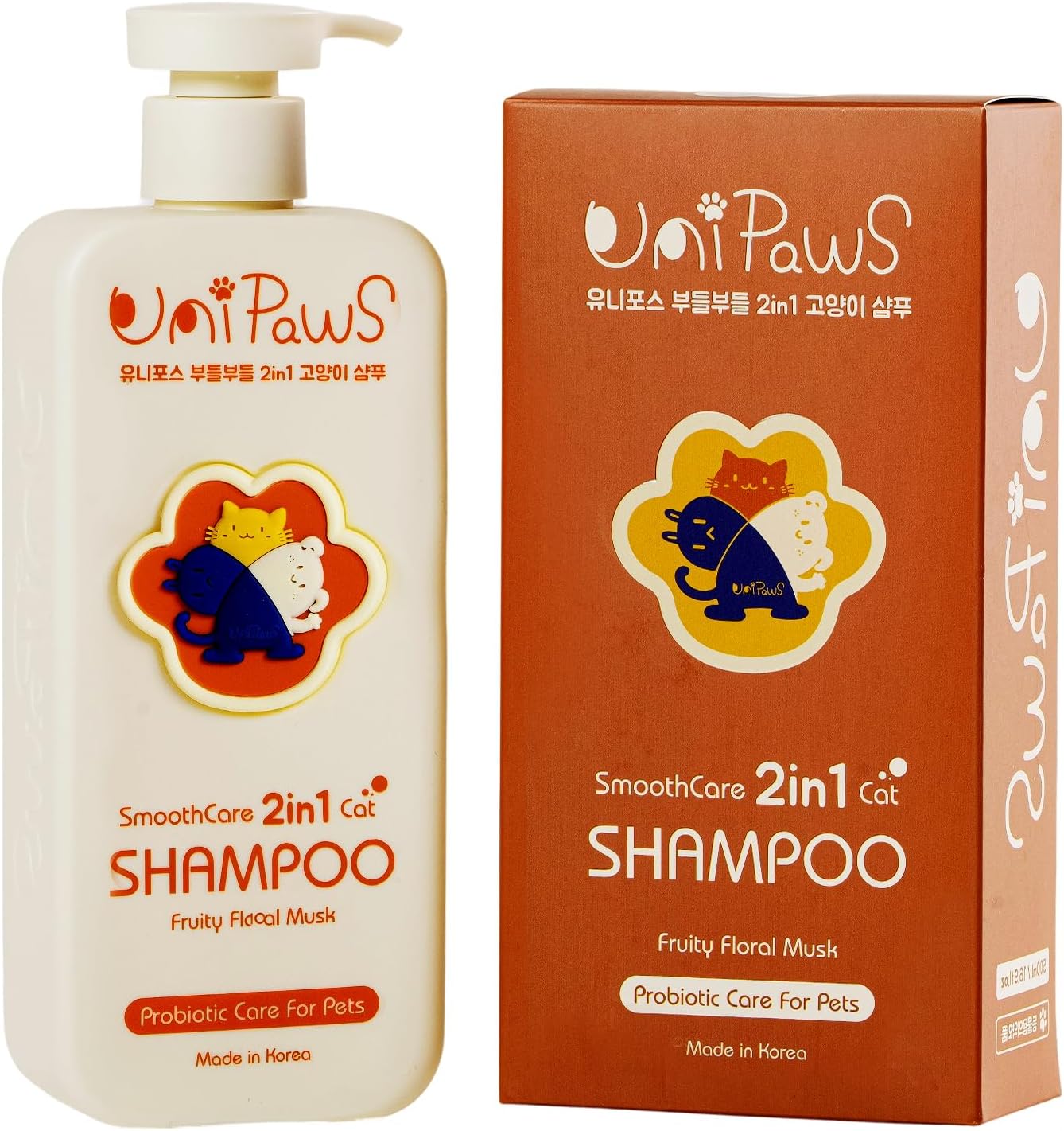 UNIPAWS Cat Shampoo & Conditioner 2-in-1, EWG Verified, Anti-Dandruff & Deshedding for Soft and Shiny Coat, Probiotics Smoothcare for Itchy, Dry Skin, Gifts for Cat Lovers, Made in Korea, 16.9 Fl Oz