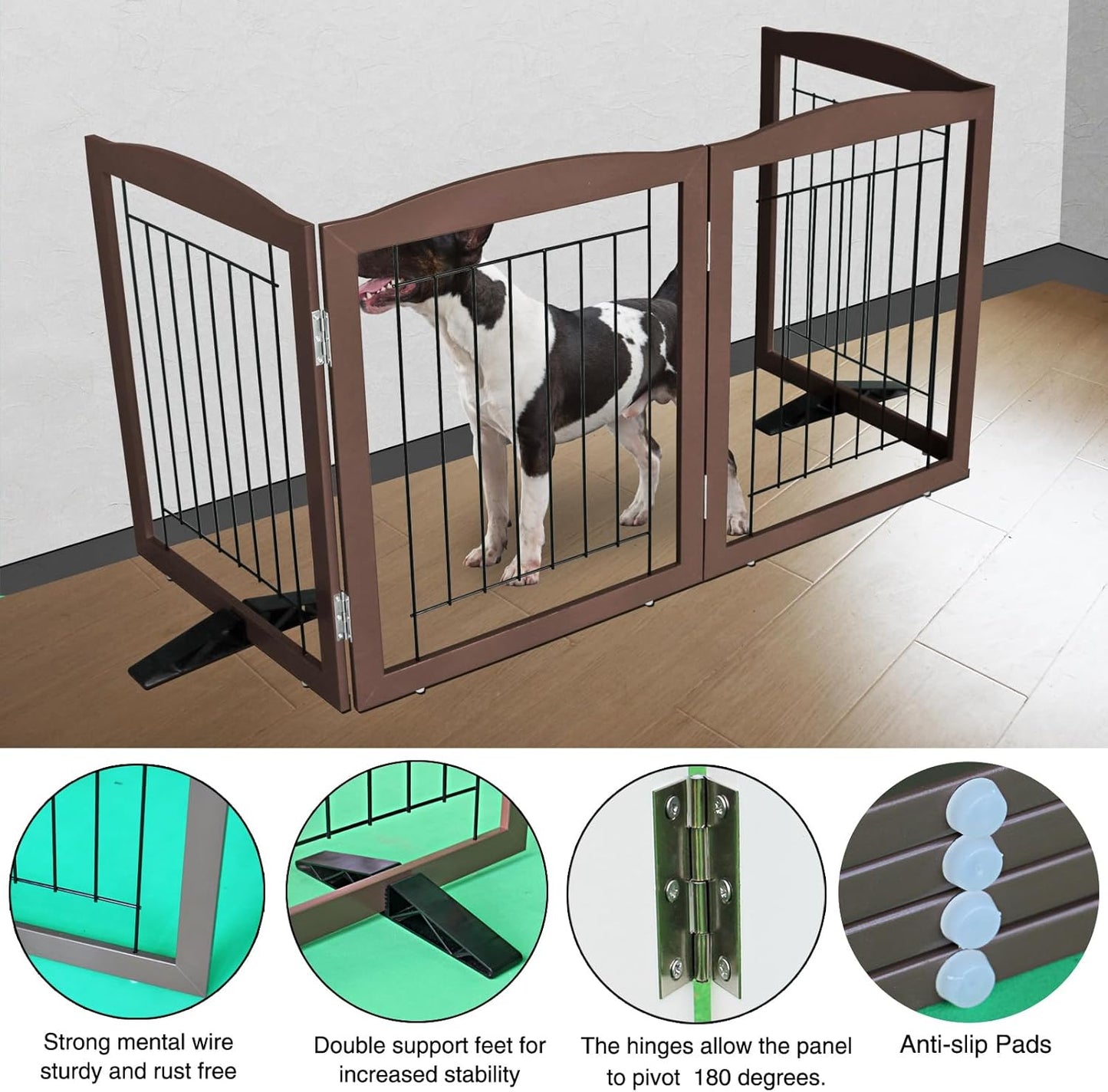 ZJSF Freestanding Dog Fence Indoor, Foldable Dog Gate for Doorways, Stairs or Hallways, Sturdy Wood Extra Wide Pet Gate with Support Feet for The House, Brown, 24 "Height-4 Panels