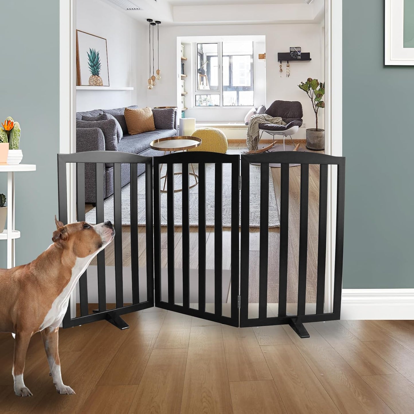 ZJSF Foldable Freestanding Indoor Dog Gate for House Wood Long Pet Gates Dog Fence for Stairs Puppy Gates for Hallways, Puppy Gate,Support Feet Included, Black, 32 "Height-3 Panels