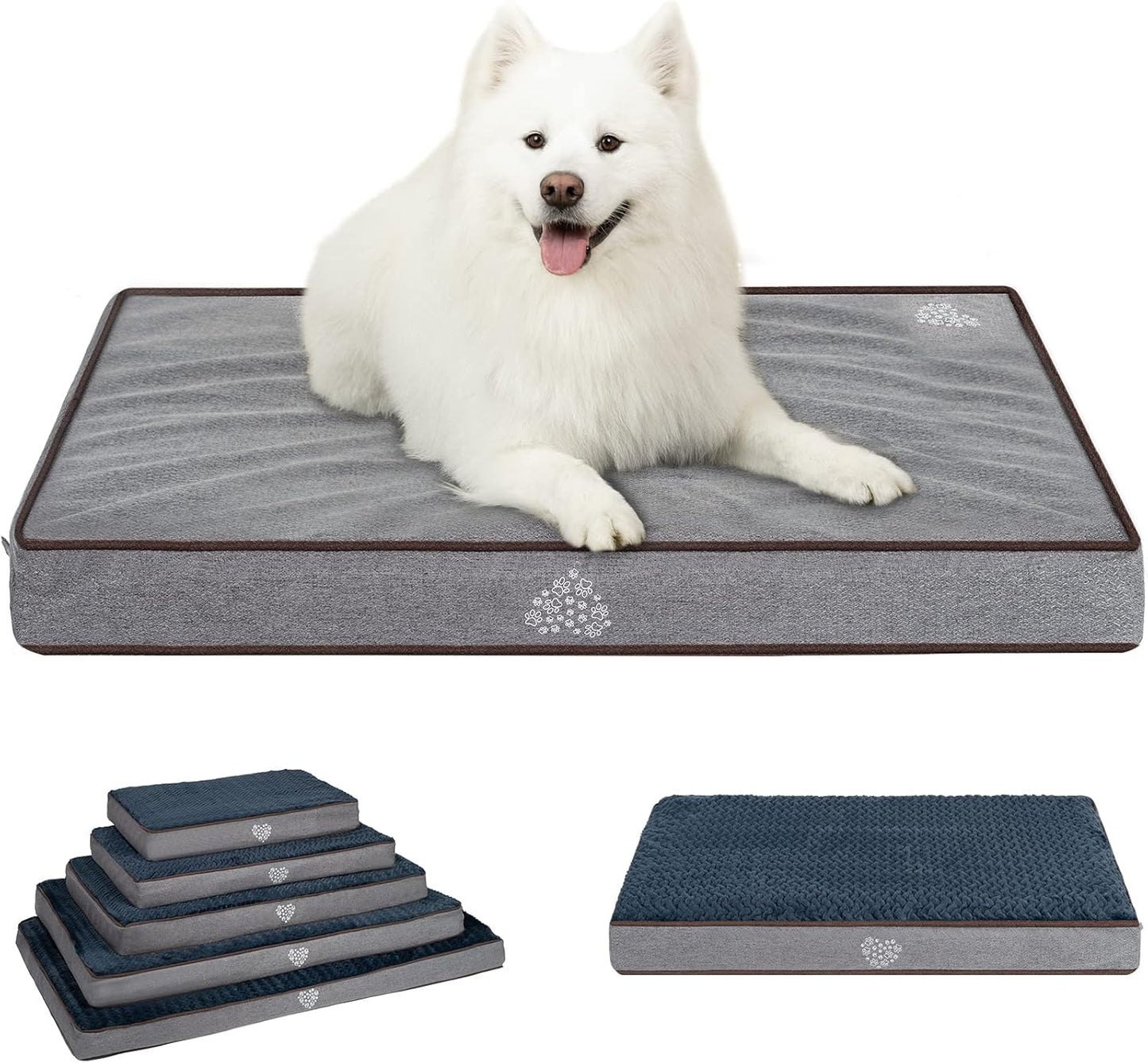 VANKEAN Dog Bed Soft Crate Pad Mat Reversible Cool & Warm, Washable Comfy Kennel Pad with Orthopedic Egg-Crate Foam for Small Medium Large Dogs, Water-Resistant Pet Bed, Gray/Dark Blue