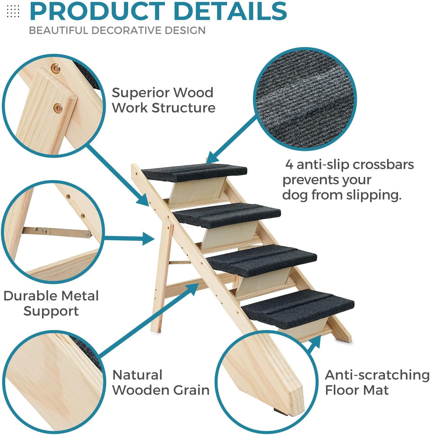 Wood Pet Stairs/Pet Steps for All Dogs and Cats - 2-in-1 Foldable Carpeted 4 Tiers Dog Stairs & Ramp Perfect for Beds and Cars - Portable Dog/Cat Ladder Up to 150 Pounds