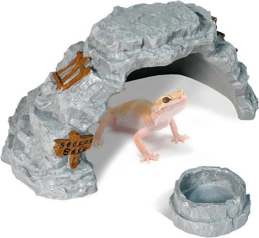 Warmtree Reptiles Hideout Cave,Bearded Gragon Hideout,Reptile Feeding Dish, Resin Reptile Hide Cave,Terrarium Habitat Decor Tank Accessories for Amphibians Tortoise Lizards Snakes Chameleon Fish