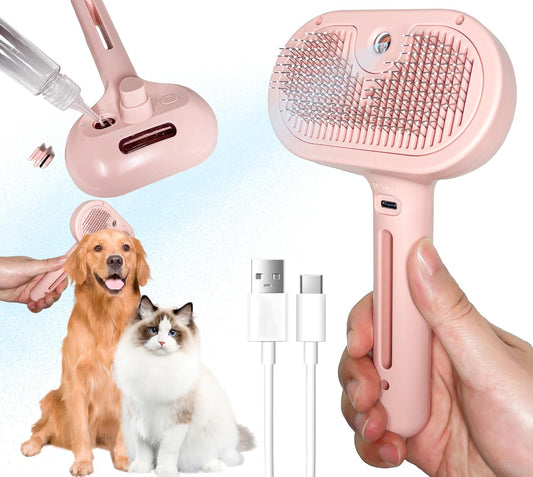 Self-Cleaning Spray Cat Brush for Shedding, Removes Static Flying Hair, and Works Wonders for Both Long and Short-Haired Pets 2 In 1 Cleaning Brush for Cats And Dogs Grooming (pink)