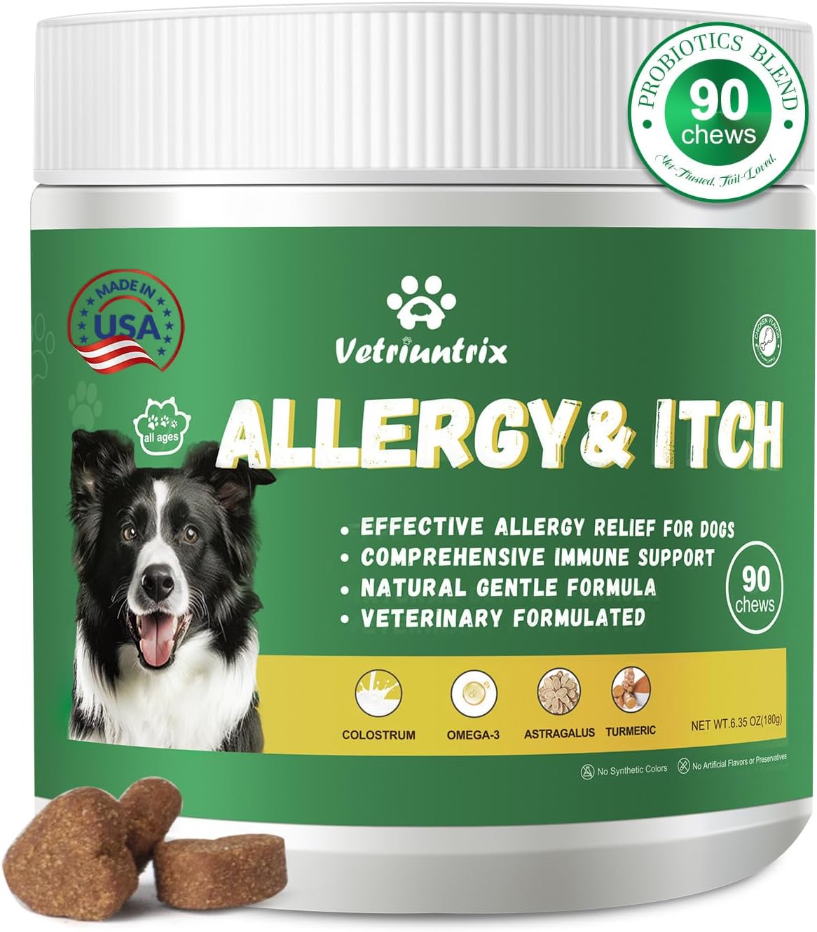 Dog Allergy Chews, Dog Itch Relief Chews for Paw Licking Itchy Skin Seasonal Allergies, Probiotics with Omega-3 Turmeric Astragalus for Large Dogs Coat Immune Supplement-90ct