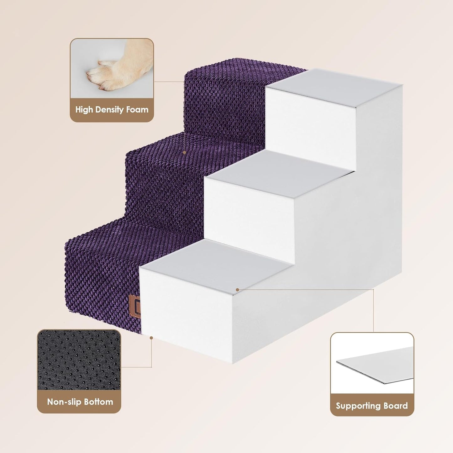 EHEYCIGA Dog Stairs for Small Dogs 13.5" H, 3-Step Dog Steps for Couch Sofa and Chair, Pet Steps for Medium Cats, Non-Slip Balanced Pet Ramp Indoor, Purple