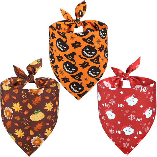Doncida Halloween Dog Bandana and Thanksgiving Christmas Dog Bandanas 3 Pack, 6 Pattern Reversible Triangle Scarf for Large and X-Large Dogs, Premium Durable Fabric Bibs for Pets (X-Large)
