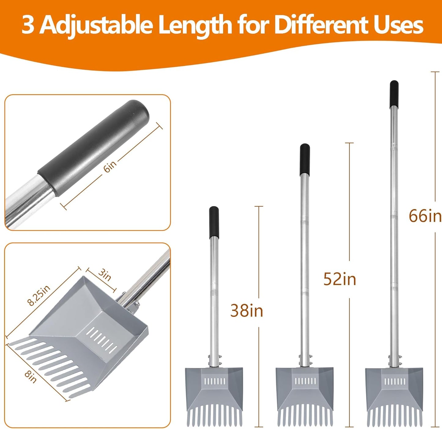 Heavy Duty Pooper Scooper 66in Spring Steel Scoop Long Stainless Steel Handle Dog Pooper Scooper for Large Dogs Outdoor Pet Waste Removal Shovel