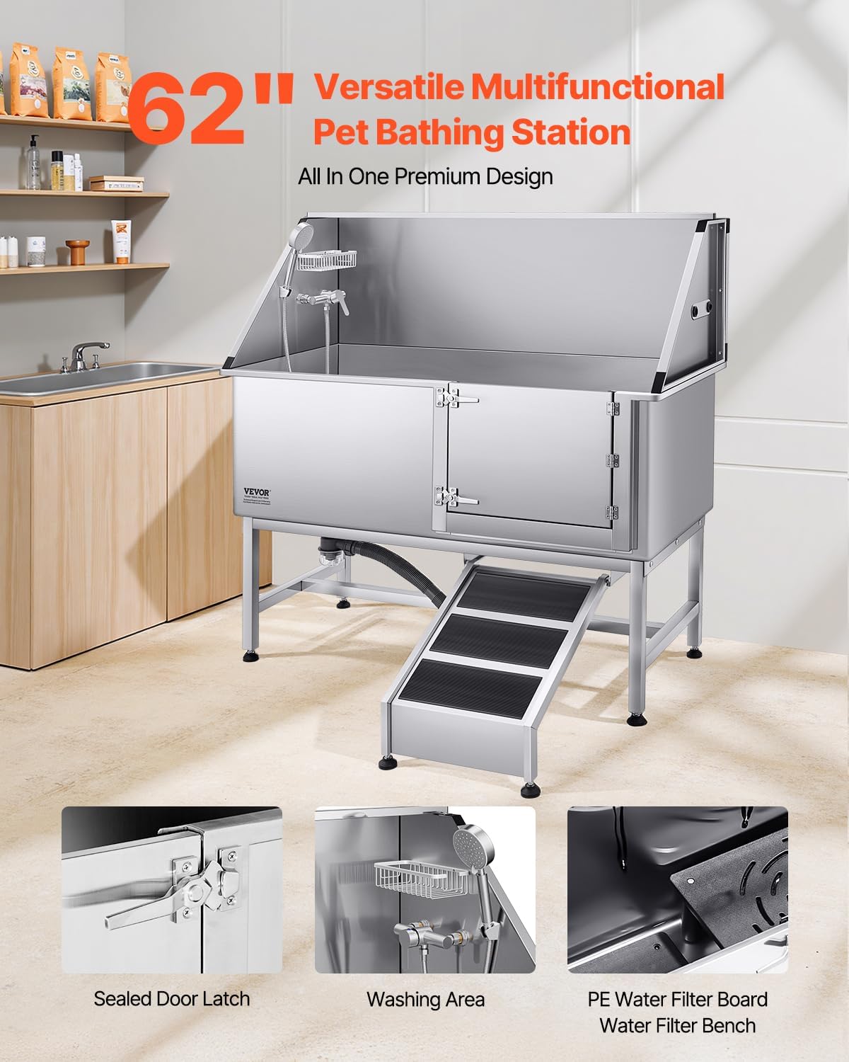 VEVOR Stainless Steel Dog Washing Station, Professional 62 inch Pet Grooming Tub w/Ramp, PE Water Filter Board, Faucet & Showerhead & Soap Holder Bathtub for Large & Medium & Small Pets (Right Door)