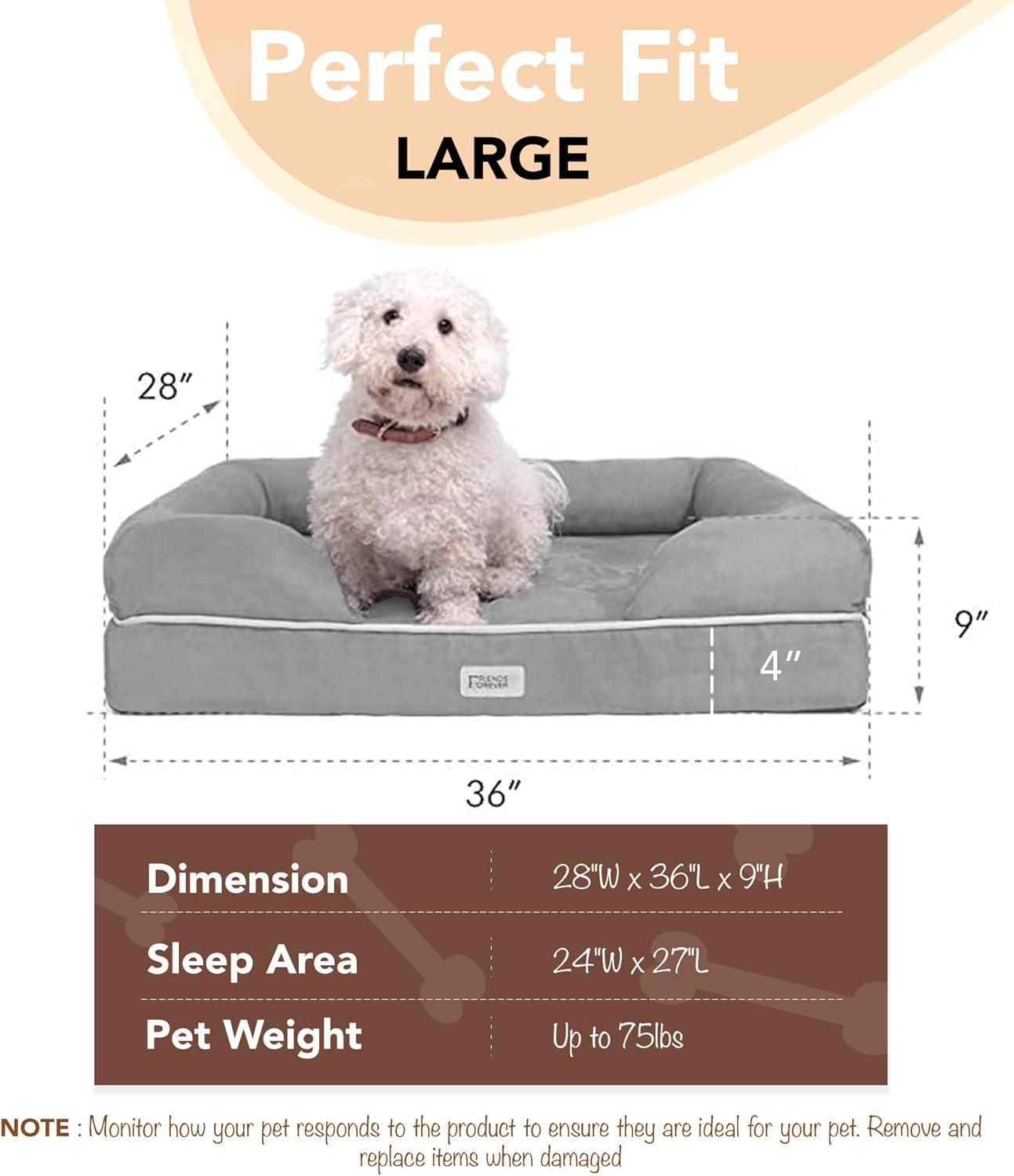 Chester Large Dog Bed - Orthopedic Memory Foam Mattress, Calming Couch, Wall Rim Pillow, Water Resistant, Washable Cover, Non-Slip, Khaki Beige