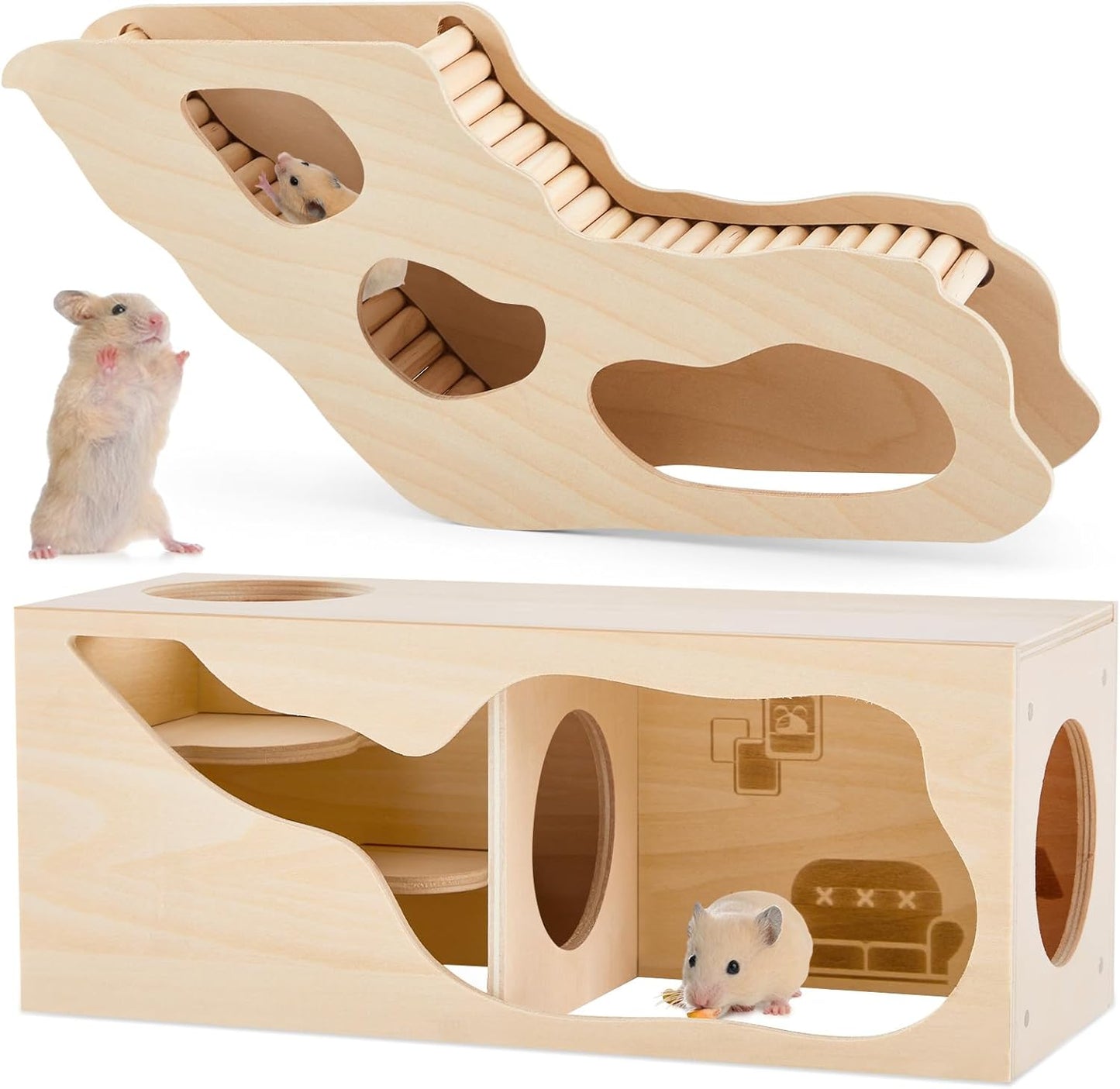 2 Pcs Hamster Houses and Hideouts Hamster Tunnel Set Wood House for Hamster with Climbing Ladder Exploring Tunnel Multi Chamber Maze for Small Animals Pets Gerbils Hedgehogs Rats Mice