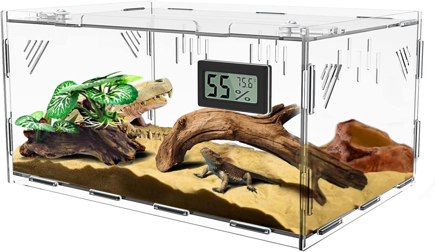 Reptile Terrariums, with Temperature Hygrometer, 11.8"x7.9"x5.9" Acrylic Reptile Breeding Box Terrarium Cage Tank for Small Reptile Insect Home Office