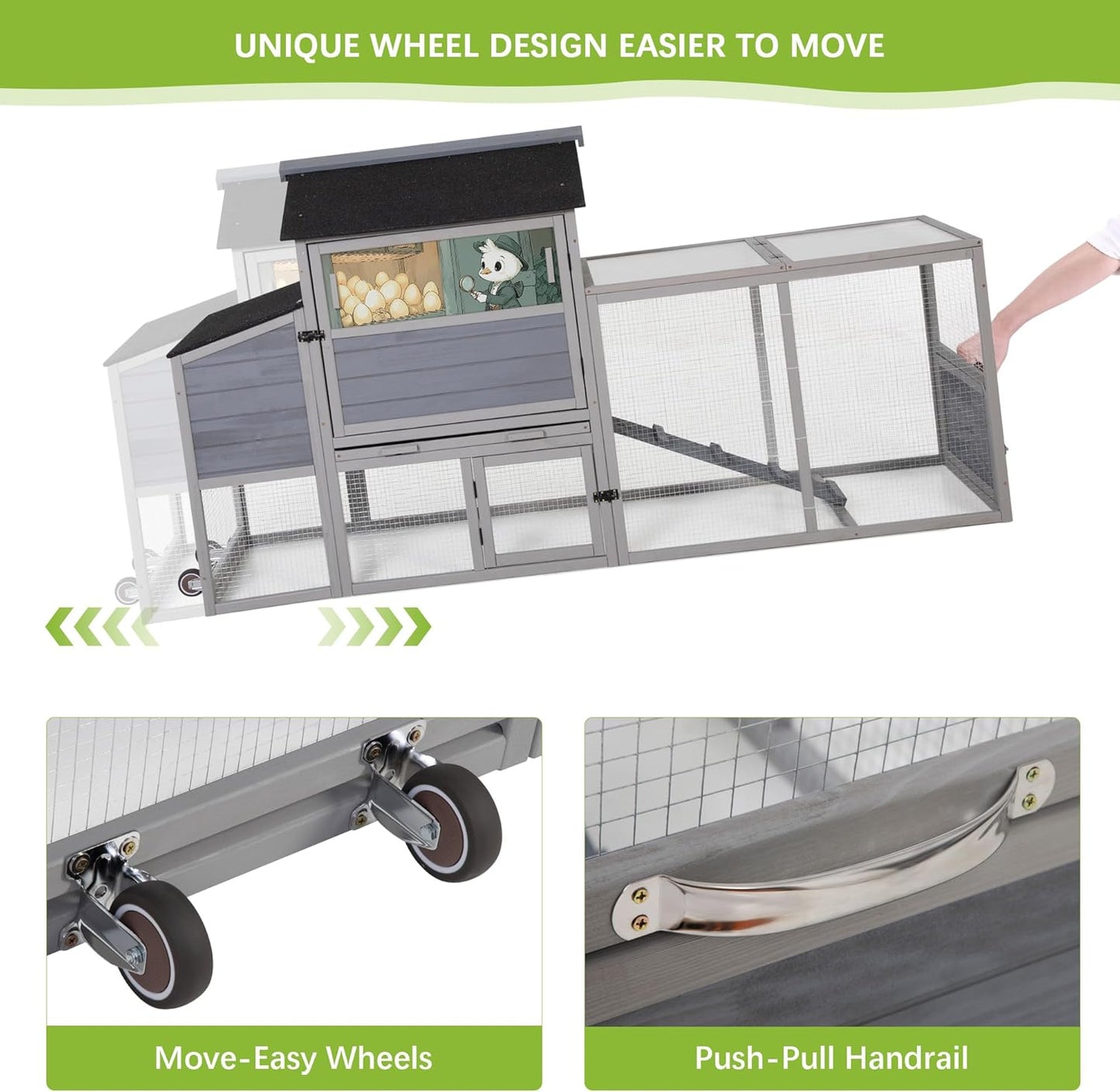 COZIWOW 82" Large Wooden Chicken Coop, Outdoor Rabbit Hutch with Wheels, Sunshine Board, Asphalt Roof, Ramp, Openable Top, Door, Window, Pull-Out Tray, Indoor Bunny Cage (Gray with Pattern)