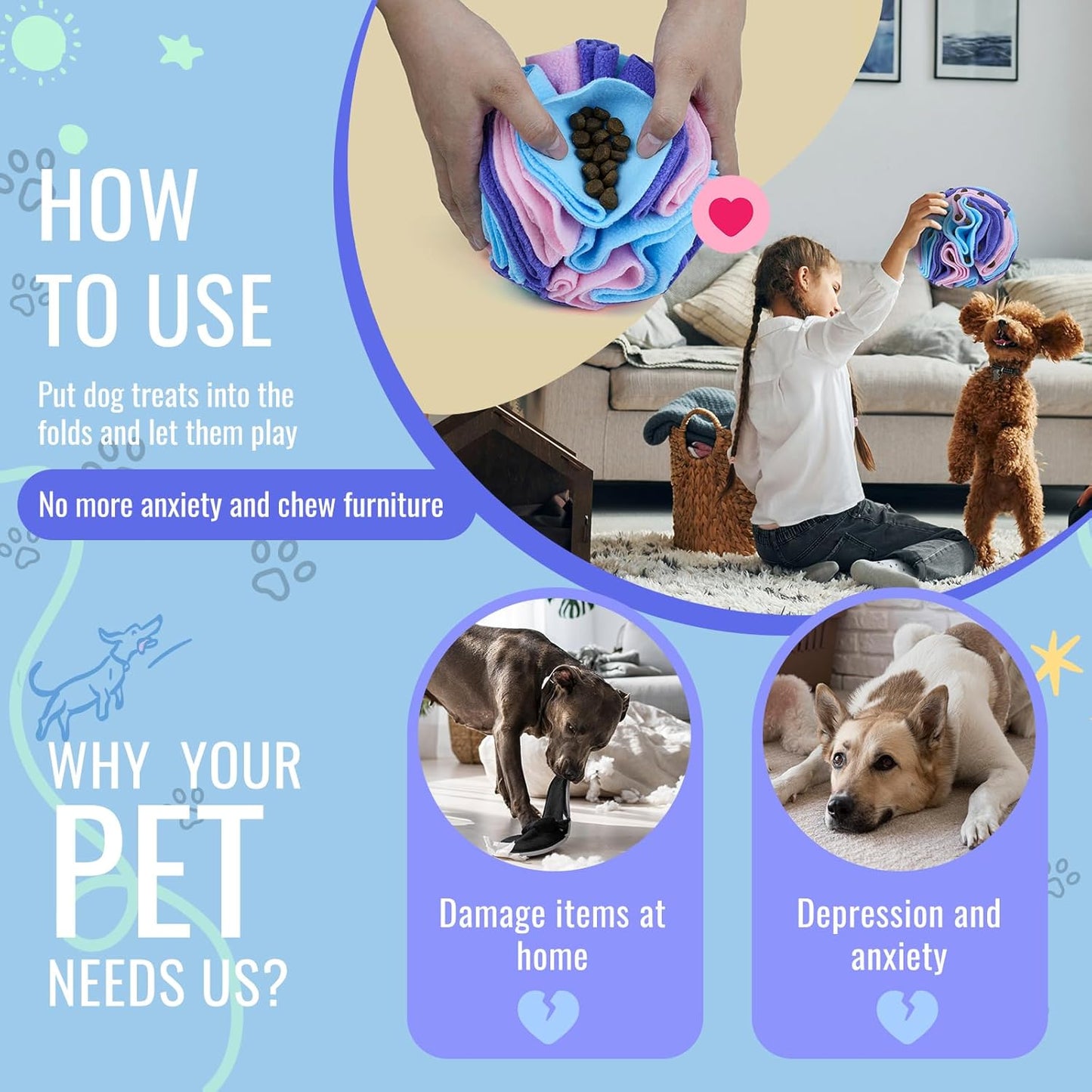 Pet Snuffle Ball, Puzzle Sniffing Interactive Dog Ball for Blind Dogs Training Stress Relief Dog Enrichment Toys Treat Machine Washable (15cm, Macarons Color)