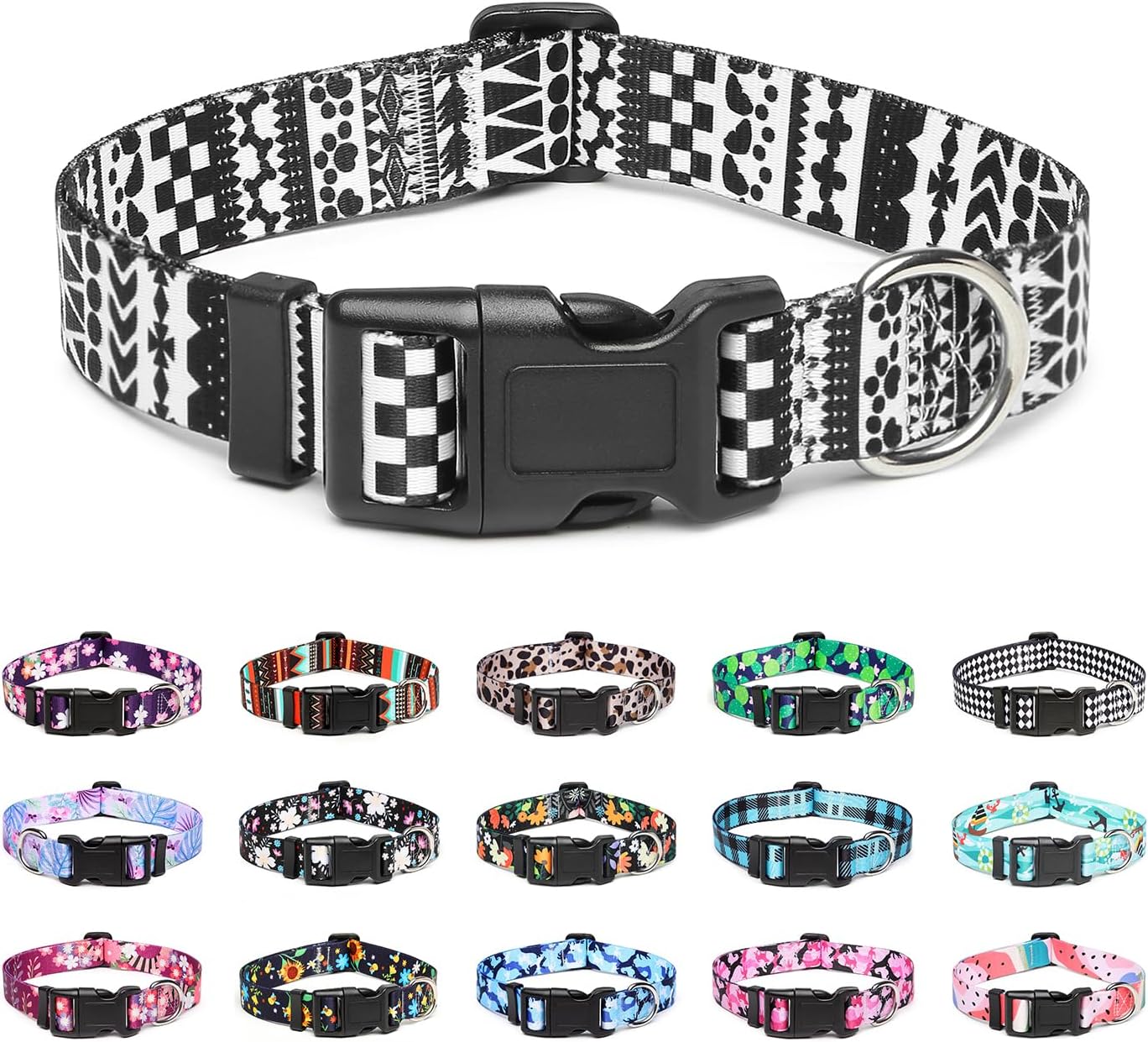 Mercano Adjustable Dog Collar - Special Design Patterns, Soft Nylon Comfortable Durable Pet Collar for Small Medium Large Dogs (L, Black White A)
