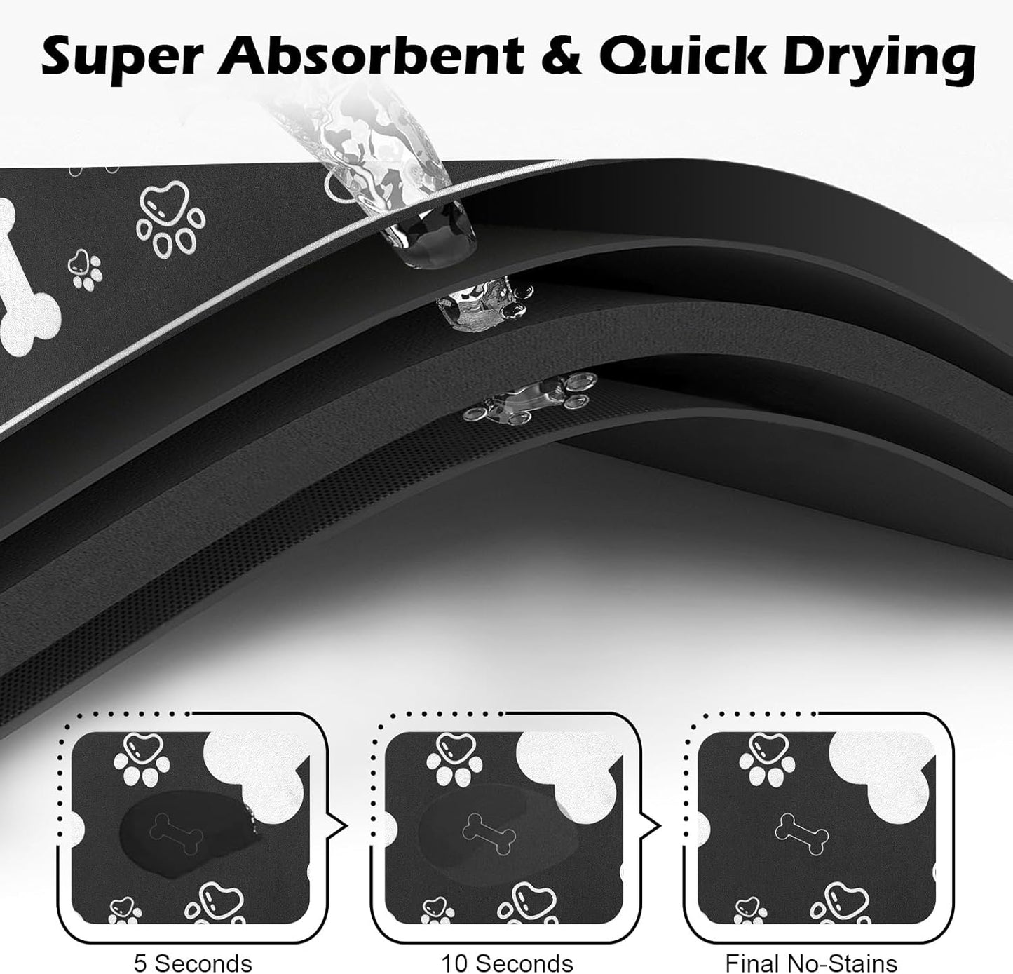 Pet Feeding Mat,Rapid Absorbent Mats for Dog Cat Food, Dog Placemat Water Bowl Mat with Rubber Backing,Messy Drinkers to Protect Floors, Pet Accessories 17"×29" Black