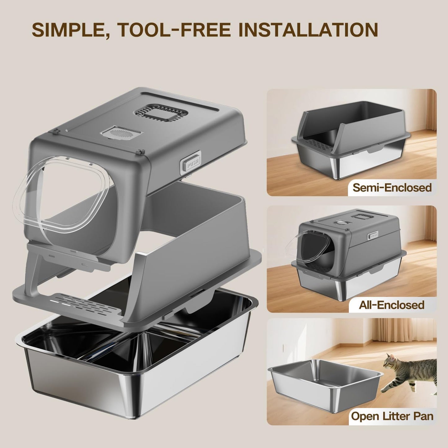 XX-Large Stainless Steel Cat Litter Box with Lid – Fully Enclosed Large Litter Box for Big Cats, Odor Control with Magnetic Door, Easy Clean, Multi-Cat Durable Metal Pan (Natural Color)