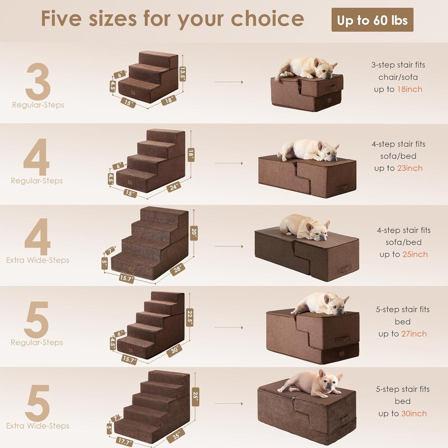 EHEYCIGA Dog Stairs for High Bed 25" H, 5-Step Extra Wide Dog Steps for Bed, Pet Steps for Small Dogs and Cats, Non-Slip Balanced Pet Ramp Indoor, Brown