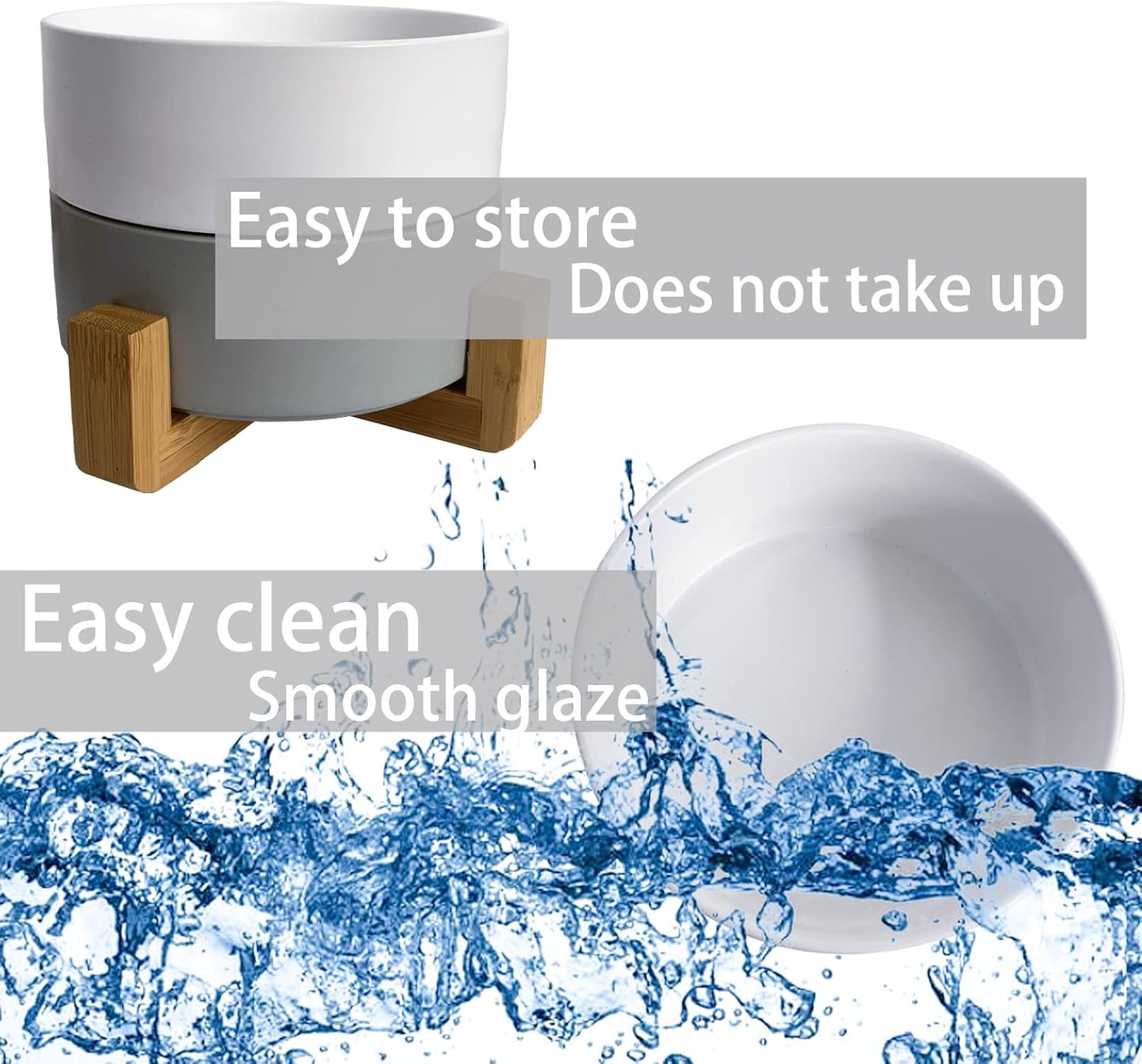 Ceramic Dog Cat Bowl with Wood Stand,Cat Food & Water Bowls Elevated Non-Spill Modern Cute Kitty Dishes Heavy Weighted Round Pet Dishes Set for Kitten Small Cat(White)