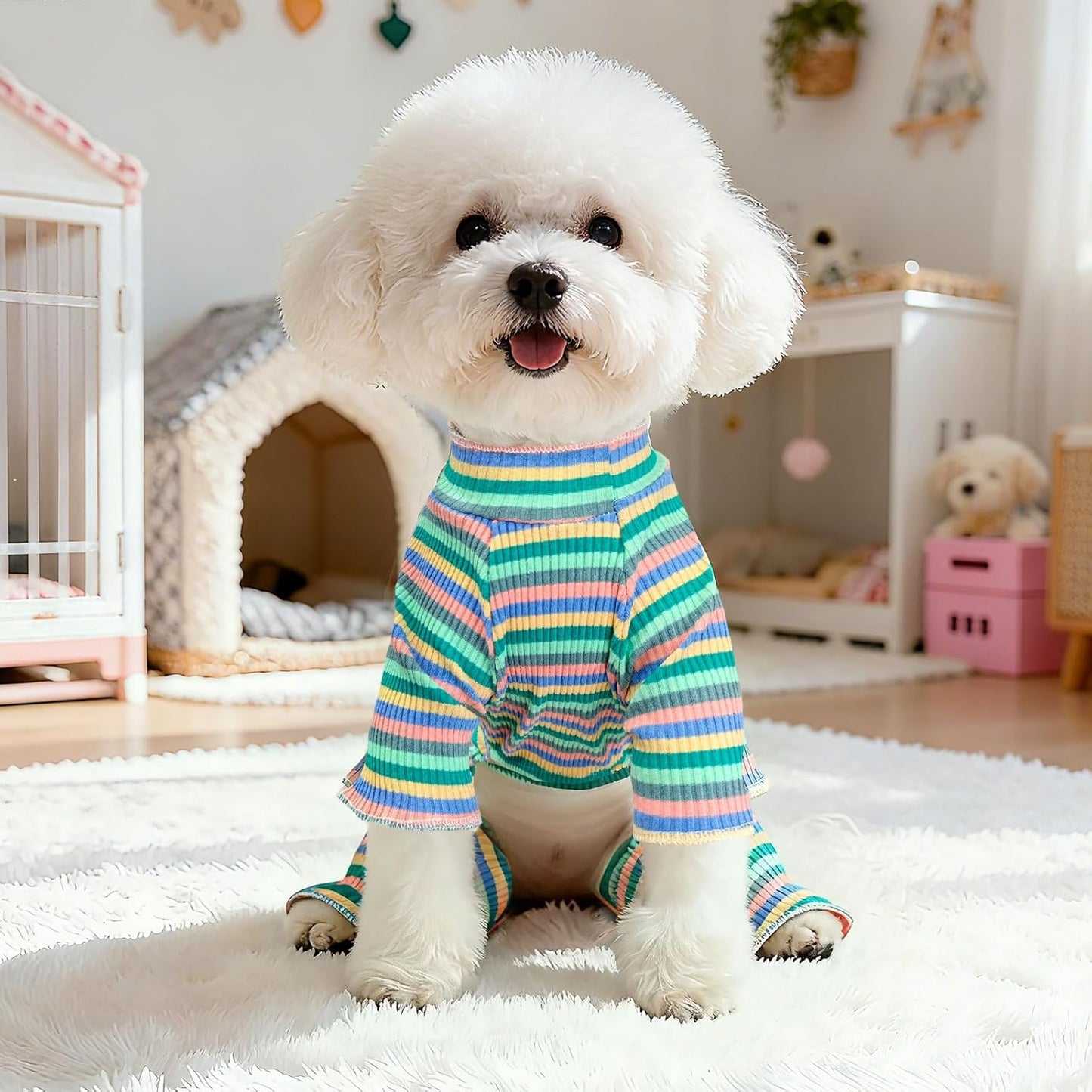 BAEJMJK Striped Dog Pajamas Stretchy Cute Four-Legged Boy Girl Dog Clothes with Sleeves Comfortable Dogs Jumpsuit Colorful Pet Puppy Outfits Apparel for Small Medium Dogs Cats(Green,Medium)