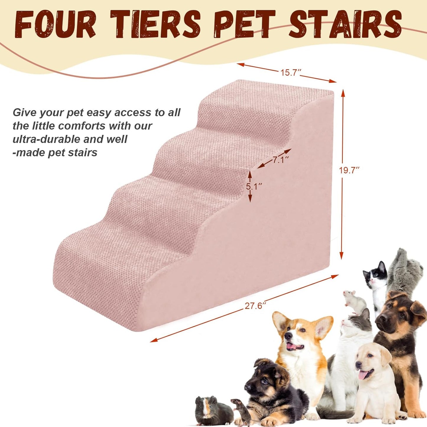 Dog Stairs for Small Dogs - High Density Foam Pet Steps, Extra Wide Dog Ramp with Non-Slip Bottom for High Beds, Couch and Sofa, Best for Dogs Injured, Older Doggy Cats,4 Stpes, Pink