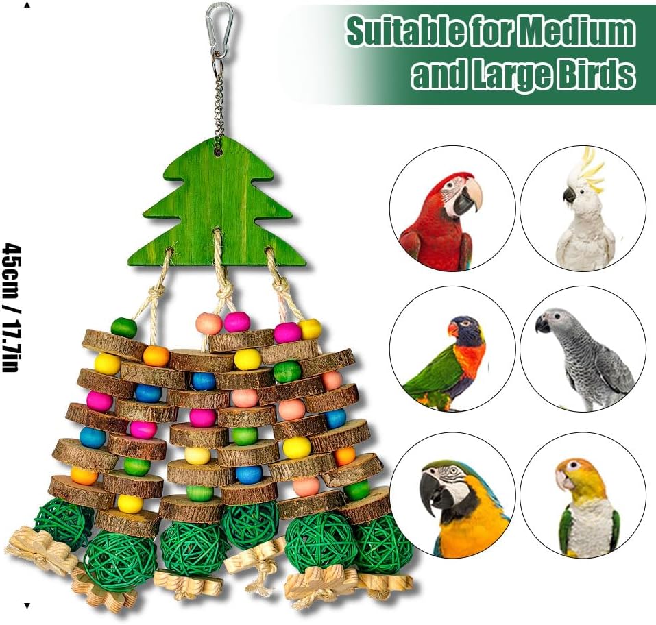 Parrot Toys, Large Bird Parrot Chewing Toys for Medium-Sized Macaws, Natural Wooden Blocks Christmas Tree Shape, African Grey Parrots, Amazon Parrots, Medium-Sized Bird cage Toys