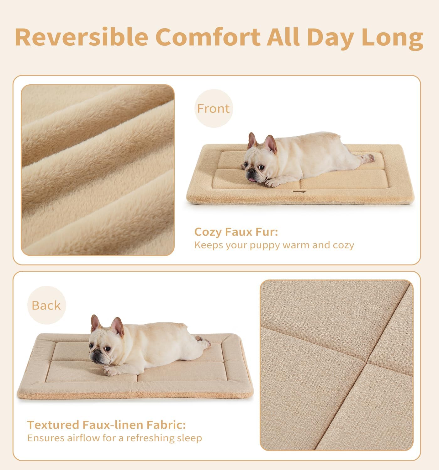 Made4Pets Dog Crate Pad Bed for Large Dogs, Washable & Reversible, Anti-Slip Kennel Mat for Cozy Sleeping, Soft Fluffy Dog Bed for Indoor & Outdoor Use, 44"x32", Khaki