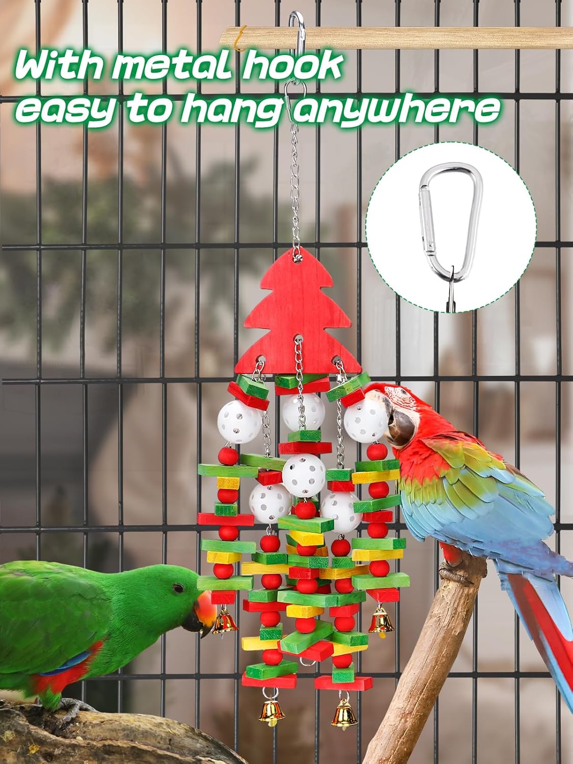 MEWTOGO Christmas Large Bird Toy - Natural Wooden Parrot Chewing Toy With Colorful Edible Blocks for Macaw African Grey Amazon Parrots, Xmas Gifts Bird Playing (Red)