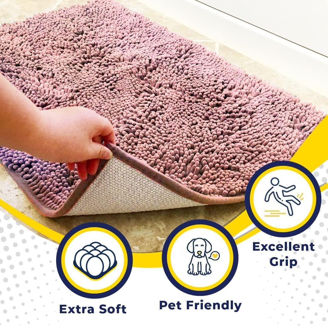 Muddy Mat® AS-SEEN-ON-TV Highly Absorbent Microfiber Door Mat and Pet Rug, Non Slip Thick Washable Area and Bath Mat Soft Chenille for Kitchen Bedroom Indoor and Outdoor - Light Pink 36" x 120"
