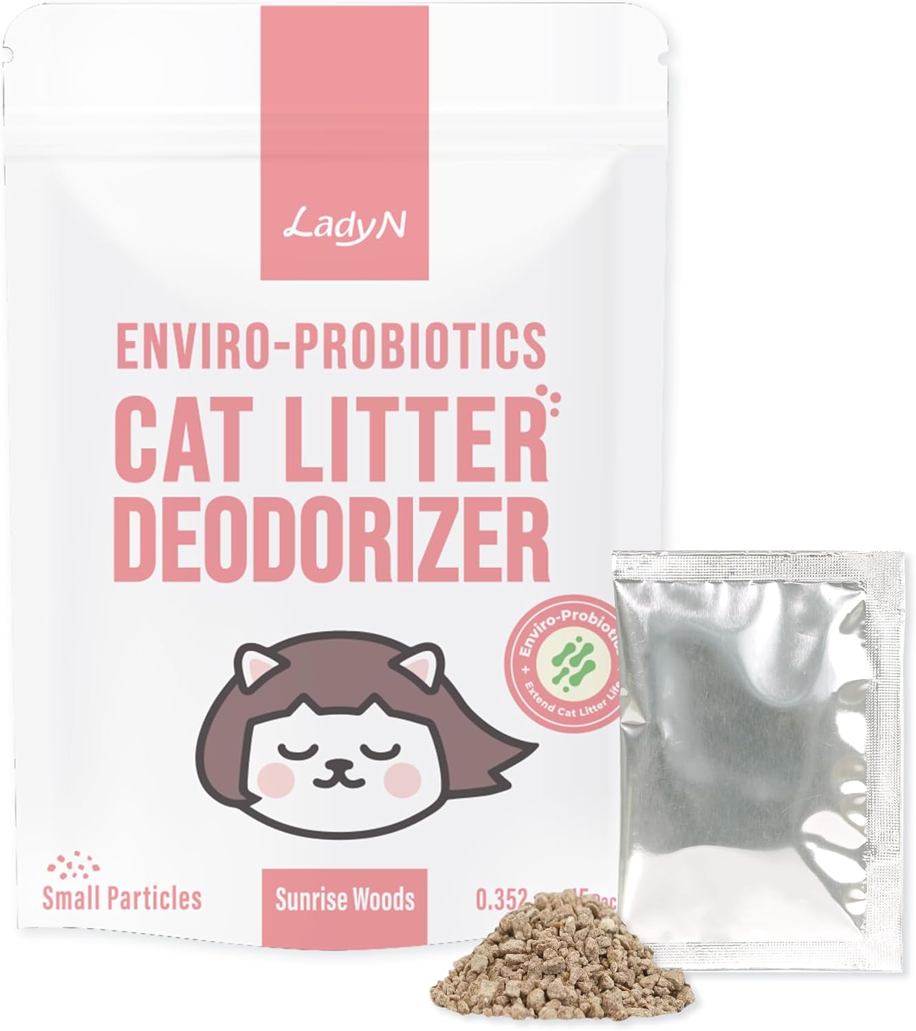 Lady N Cat Litter Deodorizer – Litter Box Odor Eliminator with Enviro-Probiotics,Cation Odor Control,Natural Ingredients Safe for Cats, Extends Litter Lifespan,Refreshing Woody Scent, 10g x 15Packets