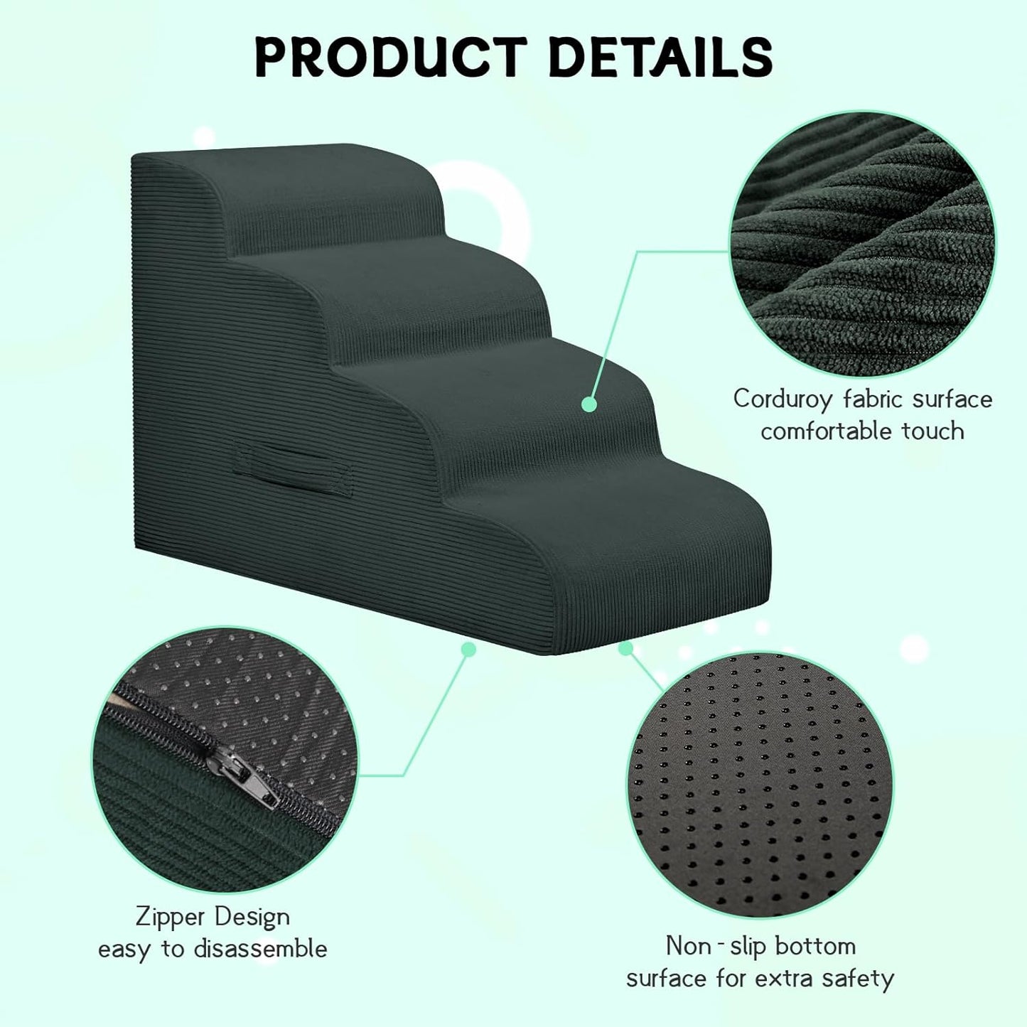 Dog Stairs Steps for High Bed, 4 Steps Pet Steps for Small Dogs Non-Slip Removable Washable Cover Ramp for Indoor Outdoor Car Couch Sofa, Dark Gray