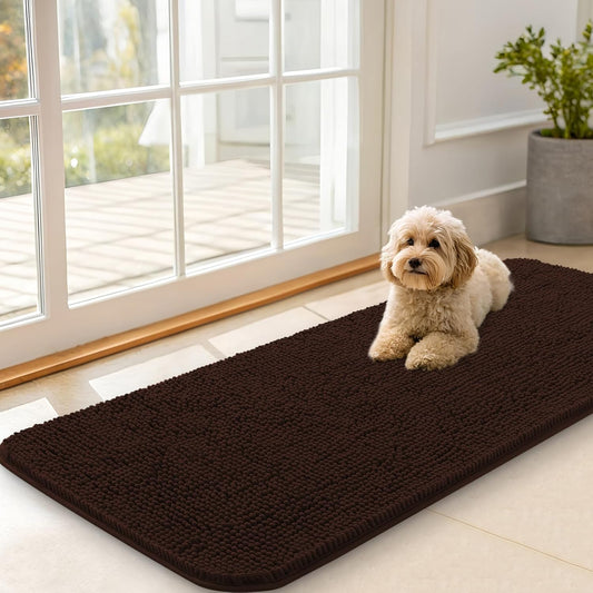OLANLY Dog Door Mat for Muddy Paws 47x20, Absorbs Moisture and Dirt, Absorbent Non-Slip Washable Doormat, Quick Dry Chenille Mud Mat for Dogs, Entry Indoor Entryway Carpet for Inside Floor, Brown