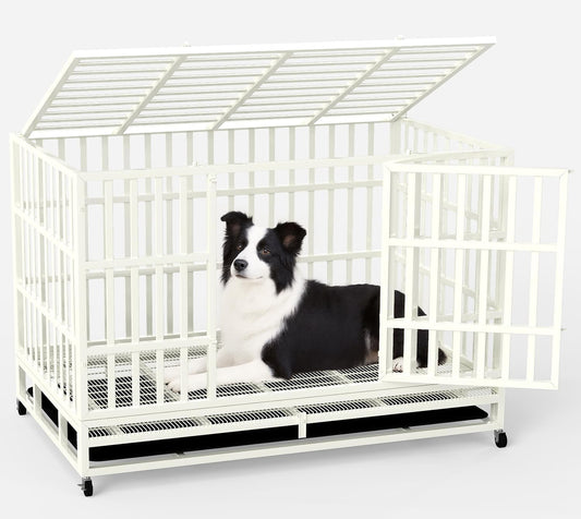 48 Inch Heavy Duty Dog Crate Steel Escape Proof, Indoor Double Door High Anxiety Cage Removable Tray, Extra Large,White