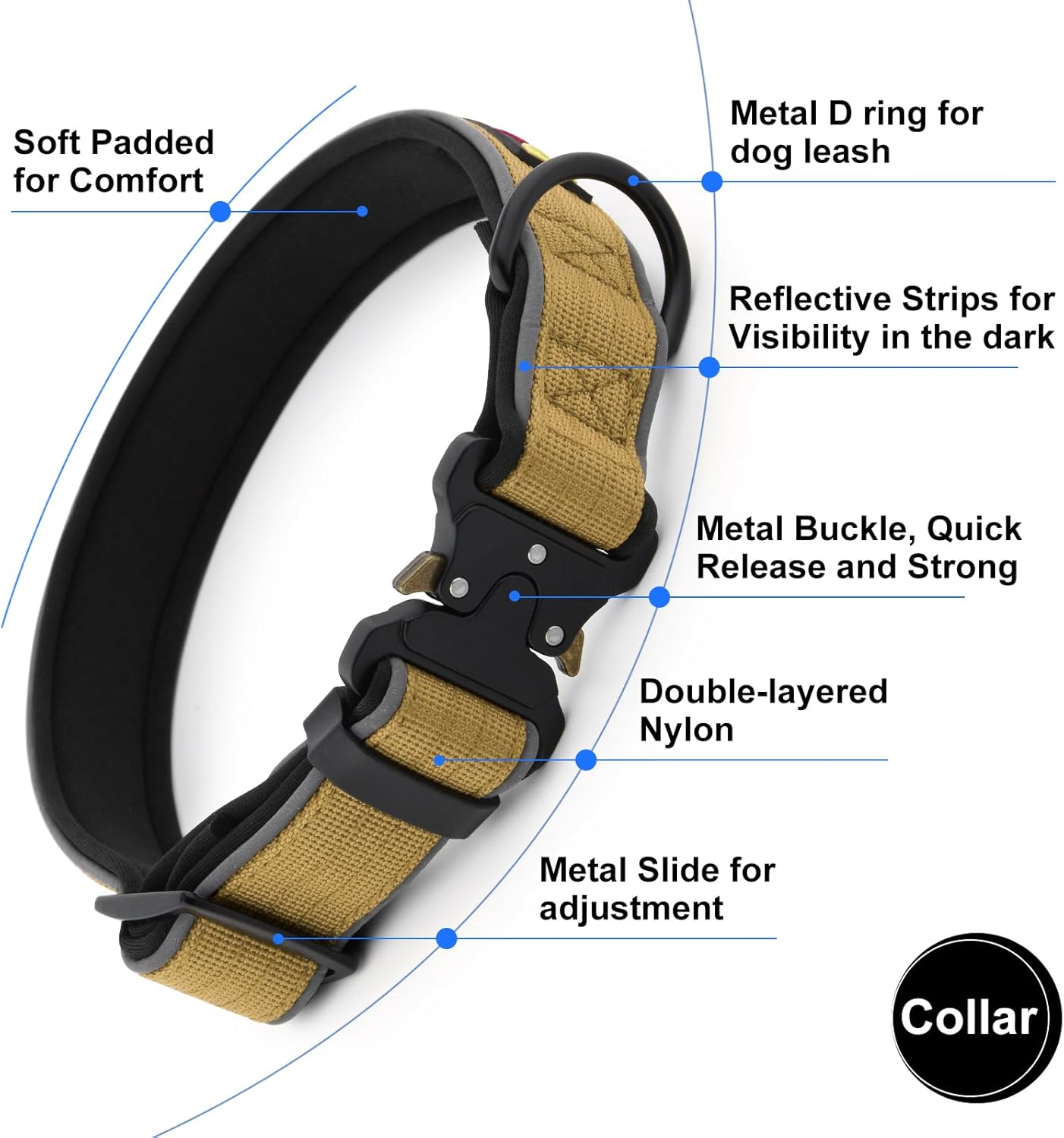 Plutus Pet Tactical Dog Collar, Reflective, Adjustable Heavy Duty Dog Collar, Soft Padded and Comfortable, for Small Medium and Large Dogs (Brown, L)
