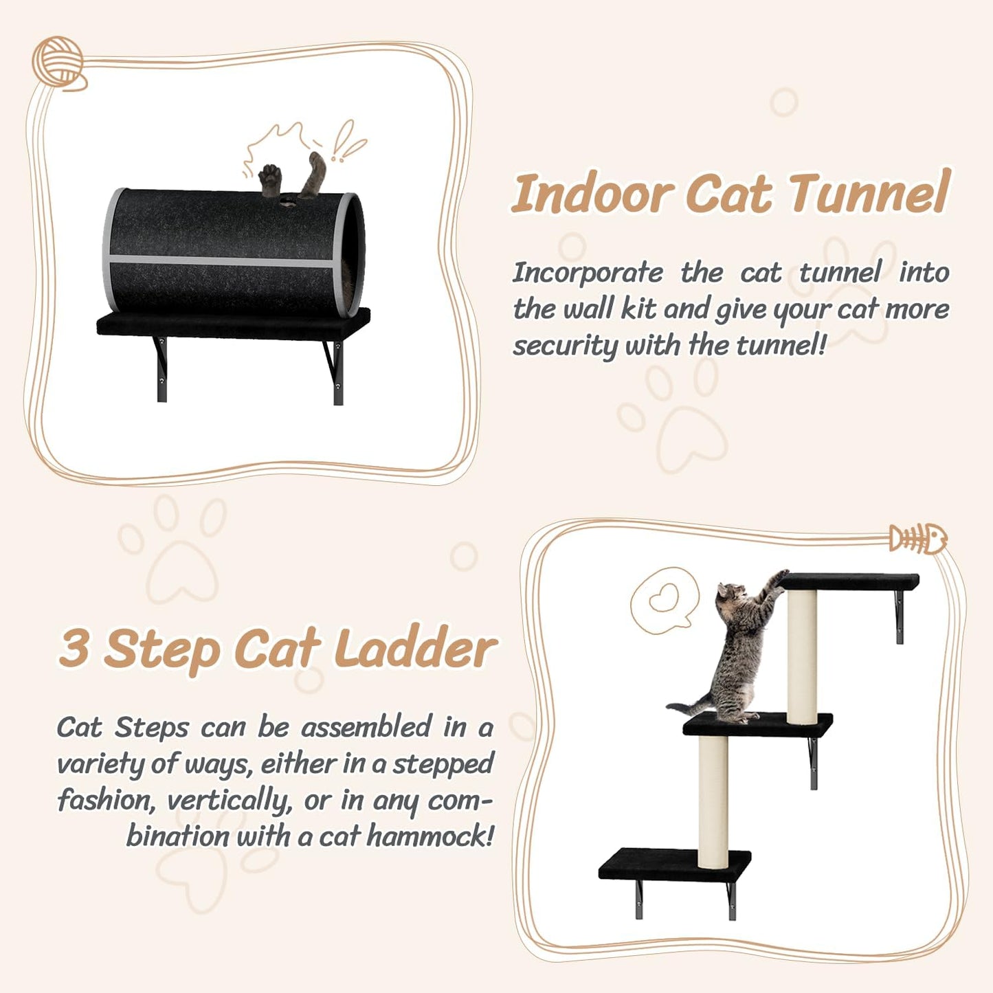 NUNU LAB Wall Mounted Cat Furniture, 7 Pcs Cat Wall Shelves with House, Tunnel, Bridge, Steps, Scratcher, Hammock, Bed, Indoor Safe & Stable Furniture for Kittens Play, Black