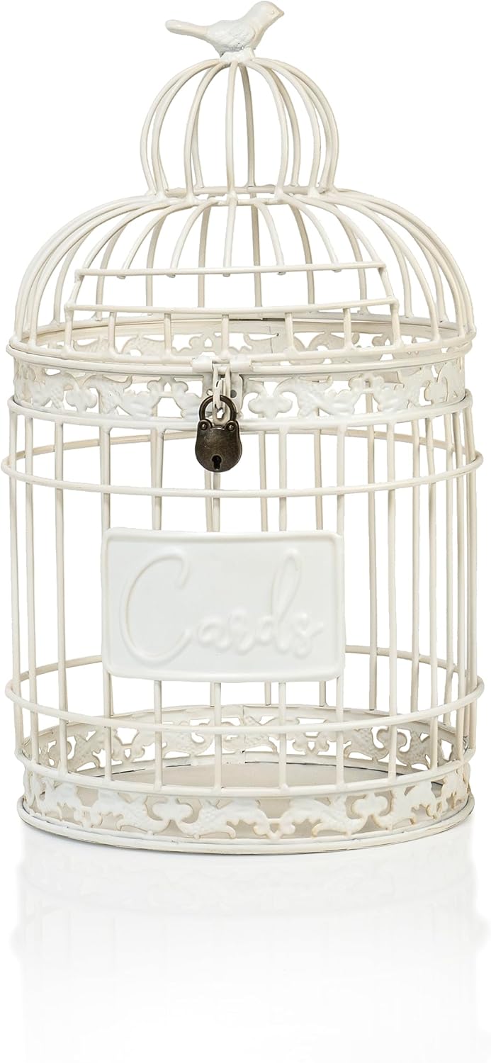 Red Co. 9.5” Dia Round Decorative Rustic Lockable Metal Birdcage Wedding Card Holder, White
