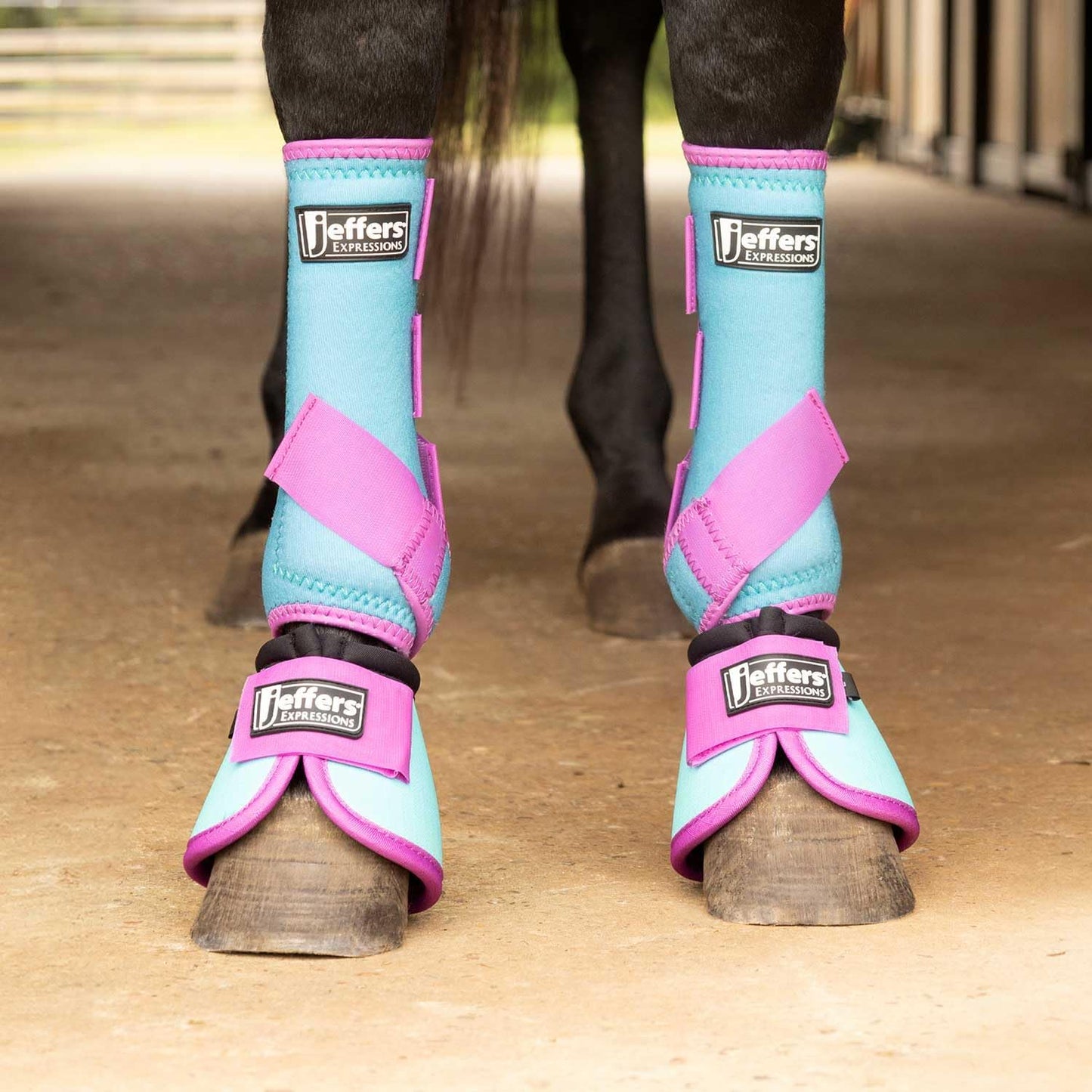 Jeffers Equine Neon Horse Boots – 1 Pair – Turquoise & Purple – Large Size – Breathable Neoprene, Secure Straps Closures – Durable Protection for Front & Hind Legs, Trail & Riding Use
