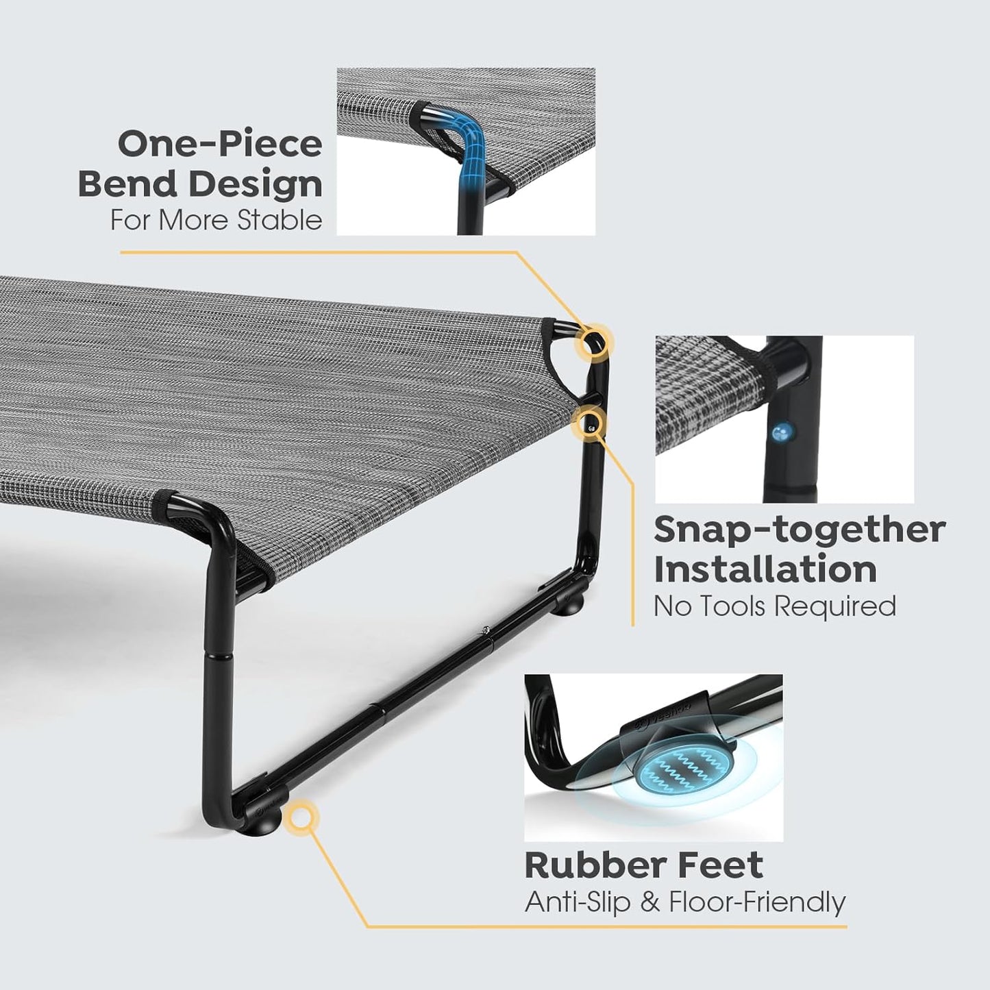 Veehoo Original Outdoor Elevated Dog Bed, Cooling Raised Dog Cot for Large Dogs, Portable Standing Pet Hammock Platform with Washable Breathable Mesh, No-Slip Feet, 47" x 32", Black Silver