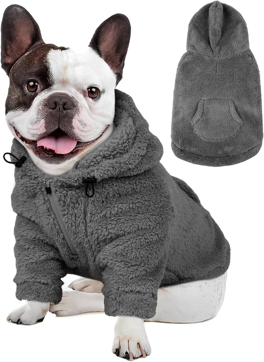 IDOMIK Fuzzy Dog Sweater with Adjustable Hood, Warm Fleece Dog Sweater Hoodie with Harness Hole & Pocket, Pullover Sweaters for Medium Dogs, Fuzzy Hooded Sweatshirt for Fall Winter Christmas,Grey,M