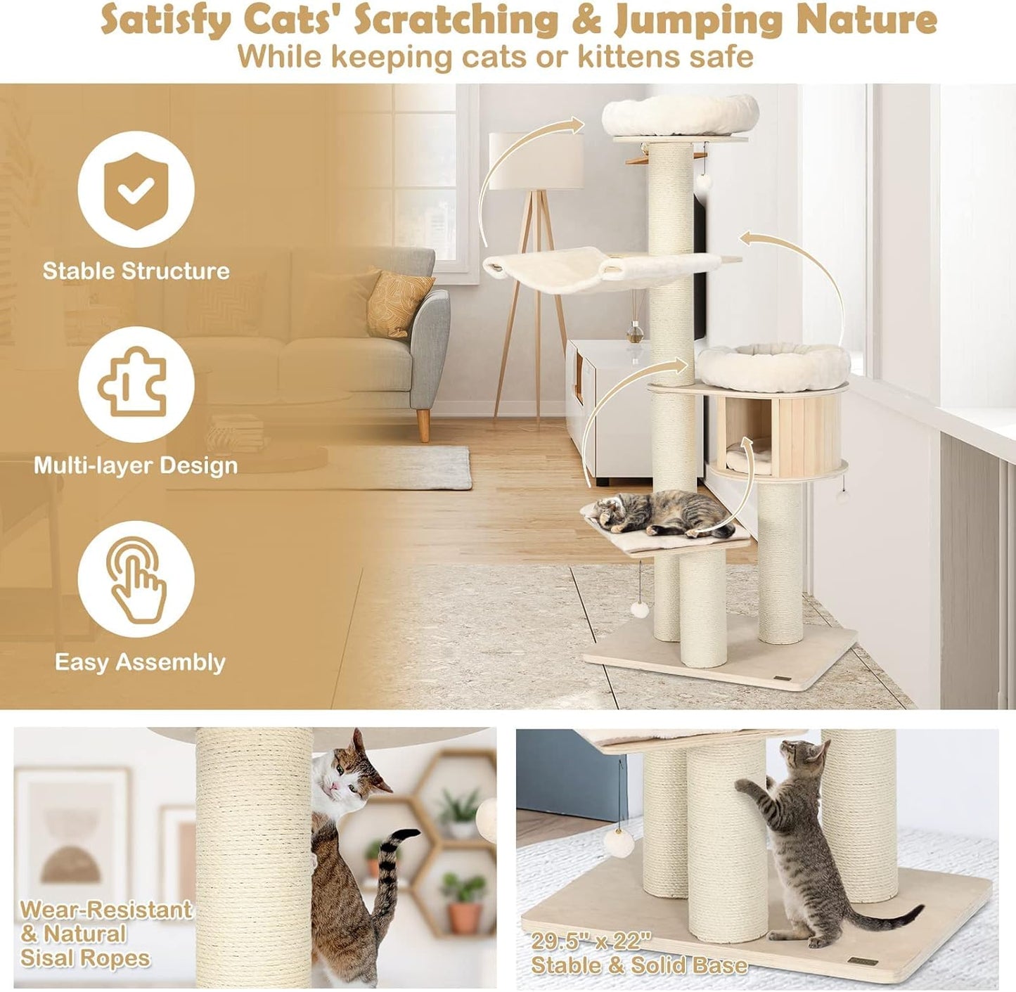 Tangkula Modern Cat Tree, Multi-Level Large Cat Tower with Condo, Hammocks & Hanging Basket, Tall Cat Tree with Sisal Posts, Washable Cushions, Wood Cat Trees and Towers for Indoor Large Cats