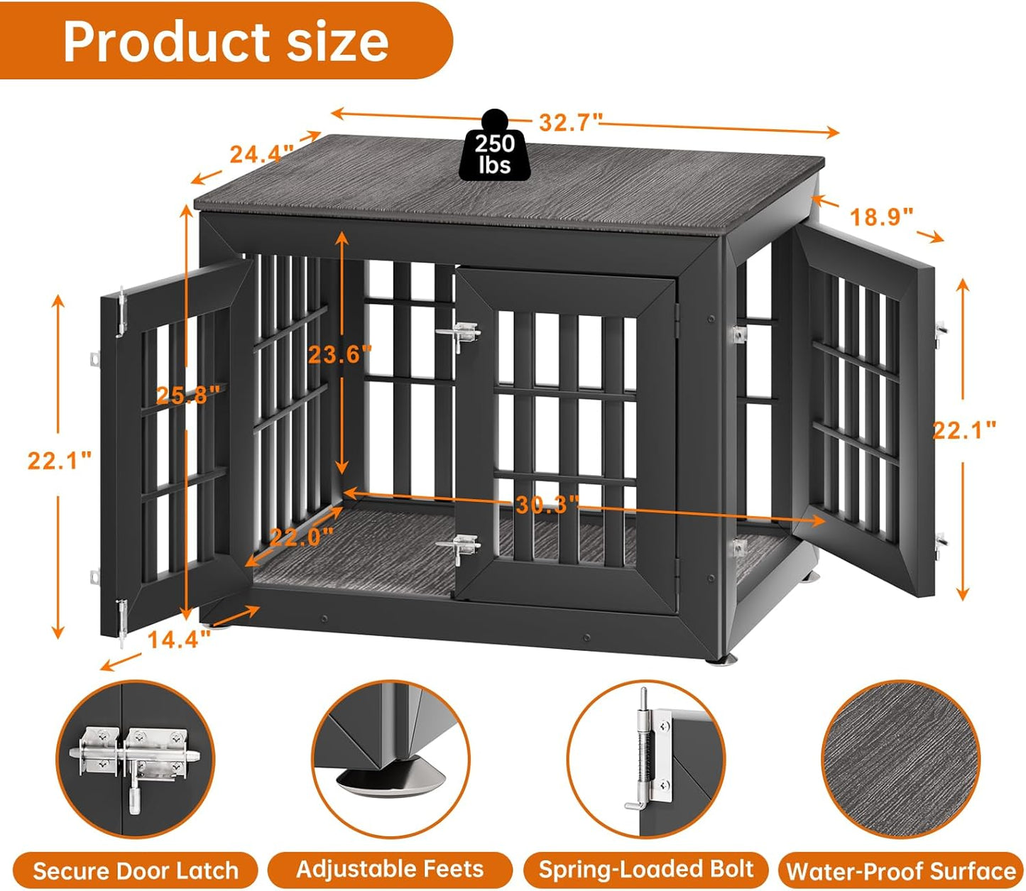 32" Heavy Duty Dog Crate Furniture for Small,Medium and Large Dogs,Rustic Wooden Dog Cage Kennel Indoor Furniture with Waterproof Top,Decorative Pet House Side End Table (Black & Grey)